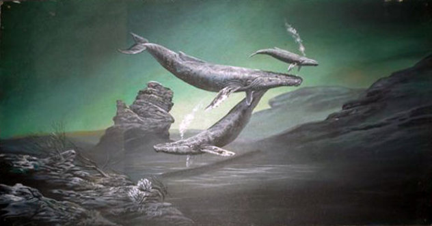 Untitled Whales Painting 1979 18x36 EARLY Original Painting by Robert Lyn Nelson