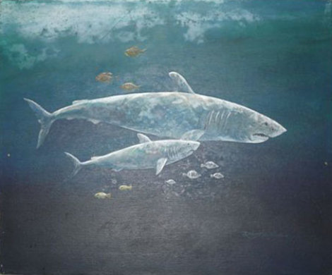 Untitled Sharks Painting (early work) 20x24 Original Painting - Robert Lyn Nelson