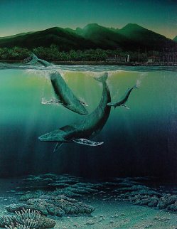 Whale Family of 3 Lahaina in Background Works on Paper (not prints) - Robert Lyn Nelson Whale Family of 3 Lahaina in Background Works on Paper (not prints) - Robert Lyn Nelson