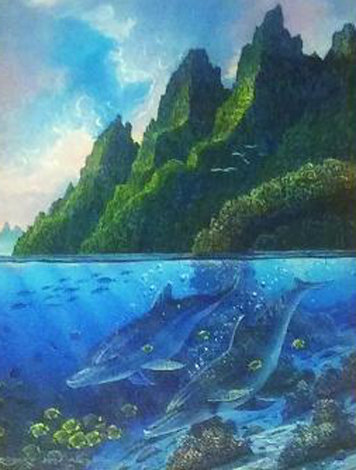 Near the Reef 1991 22x25 -  Hawaii - Koa Wood Frame Original Painting - Robert Lyn Nelson
