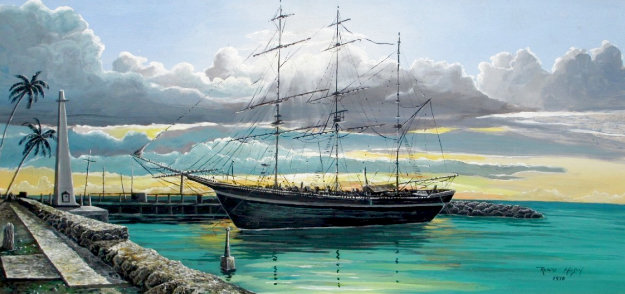 Whaling Ship and Lahaina Harbor Front Set of 2 1976 Acrylic on