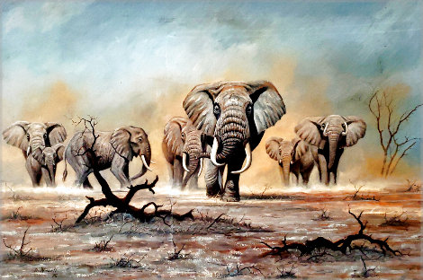 African Elephants 1975 30x44 Huge Original Painting - Bo Newell