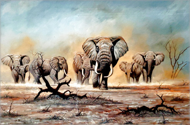 African Elephants 1975 30x44 Huge Original Painting by Bo Newell