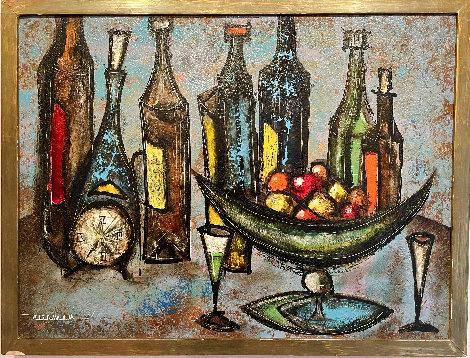 Still Life With Clock And Wine Bottles 1958 (Early) 26x34 Original Painting - Leonardo Nierman