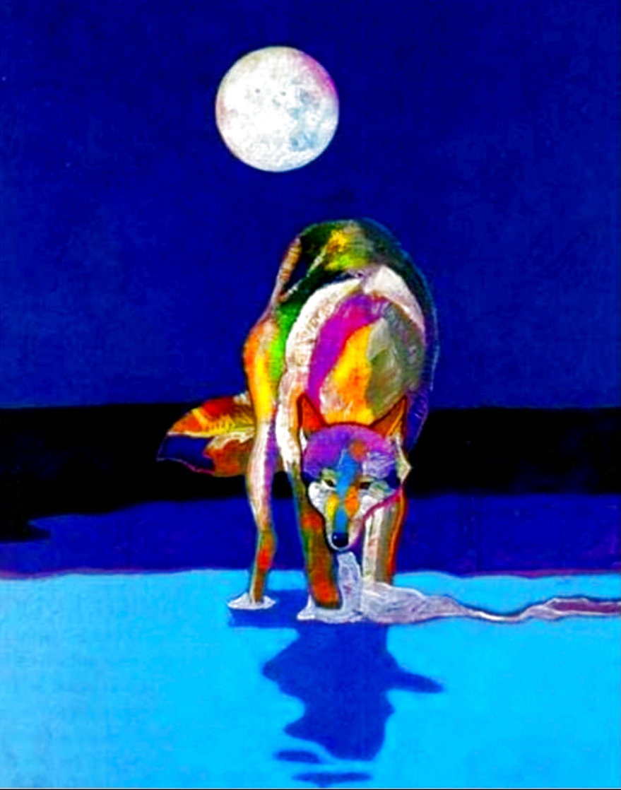 Wolf Drinking Water by Moonlight Limited Edition Print by John Nieto