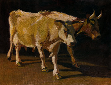 Cows 2014 39x54 Huge Original Painting - Robert Nizamov