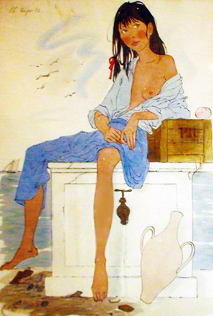 Girl Sitting Watercolor 1972 47x35 Huge Watercolor by Philippe Noyer