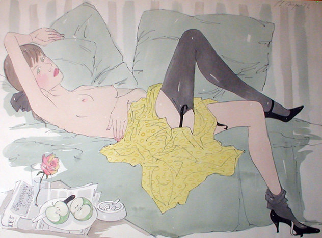 Girl Reclining Watercolor 1972 37x45 Watercolor by Philippe Noyer