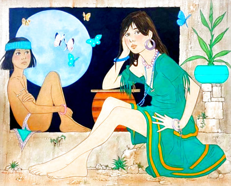 Maiden With Indian Boy and Blue Moon 41x49 Huge Original Painting - Dennis Paul Noyer