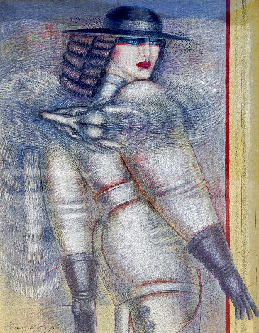Woman with Foxtail Fur 1980 58x47 - Huge Original Painting - Shimon Okshteyn