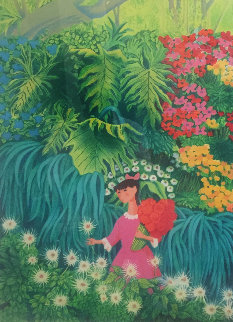 Girl in Pink Dress Picking White Flower  1988 Limited Edition Print - Trinidad Osorio