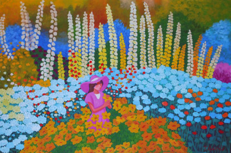 Woman With a Pink Hat in a Field of Flowers 1993 30x41 Original Painting - Trinidad Osorio