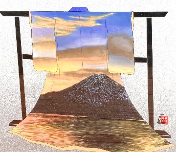 Sunset At Mt. Fuji 34x31 Textile on Wood Rack - Tokyo, Japan Original Painting - Hisashi Otsuka Sunset At Mt. Fuji 34x31 Textile on Wood Rack - Tokyo, Japan Original Painting - Hisashi Otsuka