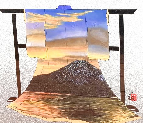 Sunset At Mt. Fuji 34x31 Textile on Wood Rack - Tokyo, Japan Original Painting - Hisashi Otsuka