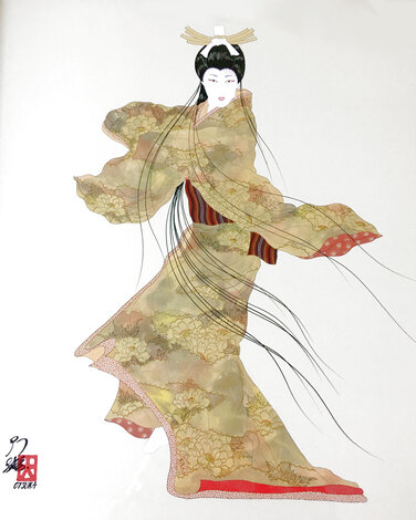 Lady Meiko of Autumn 1981 35x28 - Koa Wood Original Painting - Hisashi Otsuka