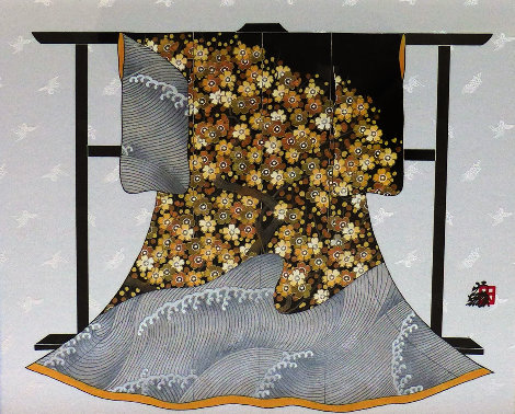 Tamesode Kimono (Wave) 2003 17x24 Original Painting - Hisashi Otsuka
