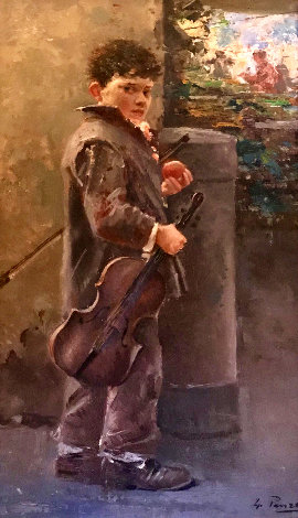 Untitled Boy with Violin 37x22 Original Painting - Giovanni Panza
