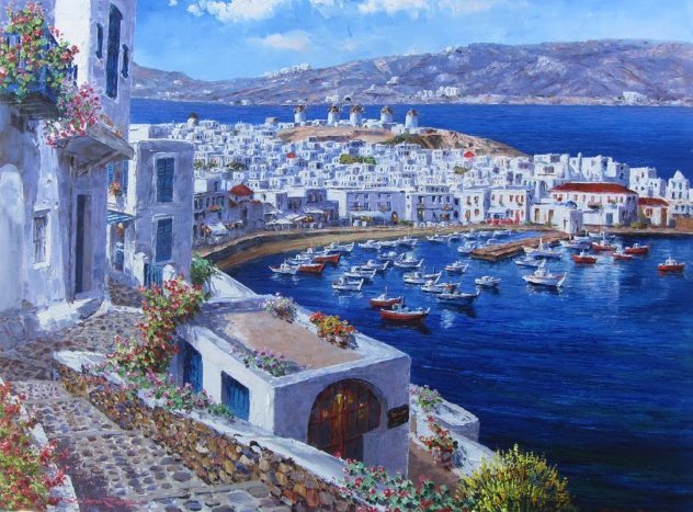 Mykonos Harbor Embellished 2010 - Greece Limited Edition Print by Sam Park