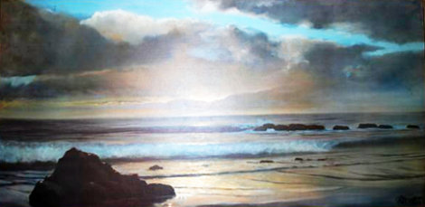 Untitled California Seascape Painting -  1969 28x53 Original Painting - Violet Parkhurst