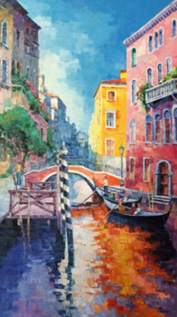 Boaters by Bridge 2000 65x42 Huge Mural Size - Venice, Italy Original Painting by Alex Pauker
