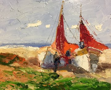 Attending Boats At the Beach 2014 19x23 Original Painting - Erich Paulsen Attending Boats At the Beach 2014 19x23 Original Painting - Erich Paulsen