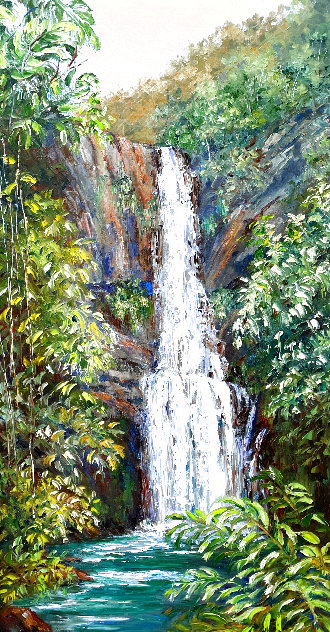 Waterfalls At Wailua 2007 30x16 - Hawaii Original Painting by Sue Perry