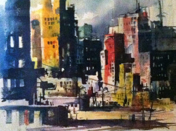 Untitled - Impressionist City Skyline Watercolor 1969 26x32 Watercolor - Endre Peter Darvas