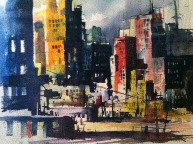Untitled - Impressionist City Skyline Watercolor 1969 26x32 - New York Watercolor by Endre Peter Darvas