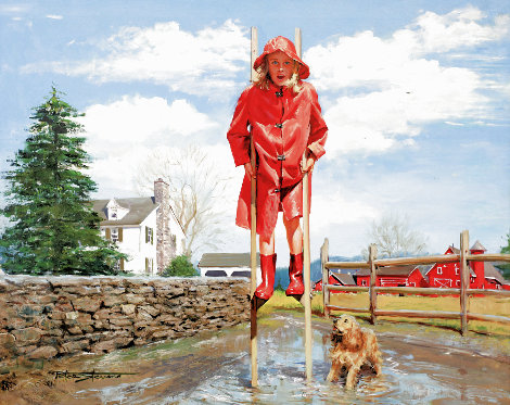 Girl on Stilts (Red Slicker) 1950 32x39 Original Painting - Peter Stevens
