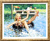 Girl and Dog in Inner Tube - Painting - 1950 30x37 Original Painting by Peter Stevens - 1