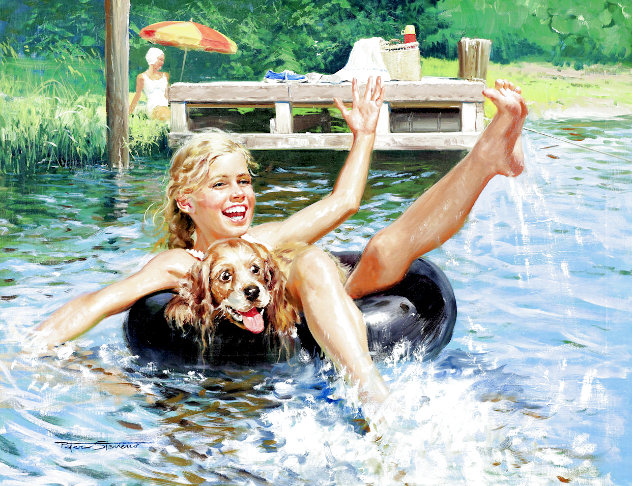 Girl and Dog in Inner Tube - Painting - 1950 30x37 Original Painting by Peter Stevens
