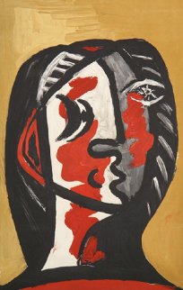 Tete De Femme En Gris Et Rouge Sur Fond Ochre Limited Edition Print - Picasso Estate Signed Editions Tete De Femme En Gris Et Rouge Sur Fond Ochre Limited Edition Print - Picasso Estate Signed Editions