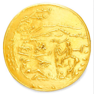 Joueur De Flûte Et Cavaliers 23 Carat Gold Medallion 1956 Hand Signed Sculpture - Picasso Estate Signed Editions Joueur De Flûte Et Cavaliers 23 Carat Gold Medallion 1956 Hand Signed Sculpture - Picasso Estate Signed Editions