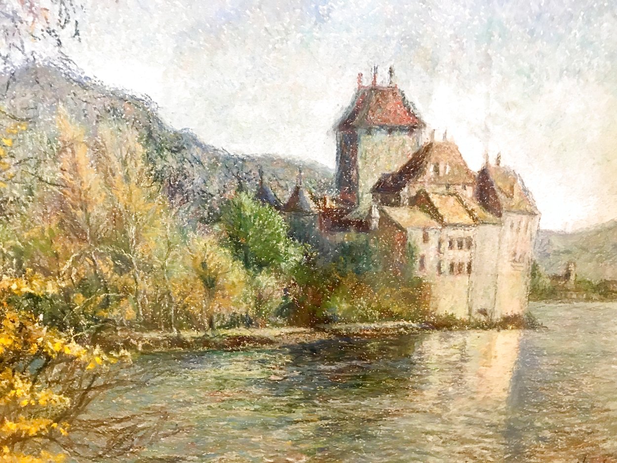Le Chateau De Chillon Pastel 30x25 Montreax - Suisse  Works on Paper (not prints) by H. Claude Pissarro
