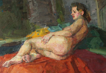 Nude on the Bed 25x37 Original Painting - Roman  Podobedov 