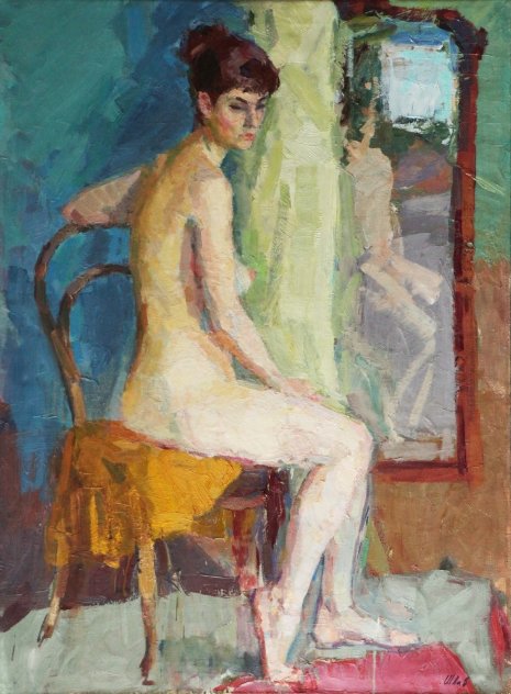 Nude Near the Mirror 1960 46x34 Original Painting by Roman Podobedov