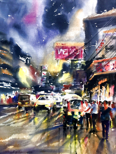 Streets of Bangkok 2004 39x31 - Thailand Original Painting by Attasit Pokpong