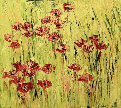 Field of Poppies 2000 39x39 - Signed Twice Original Painting - Jaline Pol