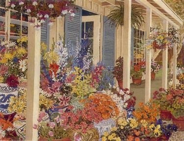 John Powell ジョンポーウェル 庭園の花 アートポスター 額付き john powell print, potted flowers, hanging potted plants, gardens