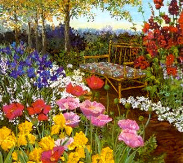 Tranquility/Poppies & Rattan Bench PP Limited Edition Print - John Powell Tranquility/Poppies & Rattan Bench PP Limited Edition Print - John Powell