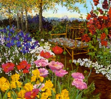 Tranquility / Poppies & Rattan Bench PP Limited Edition Print - John Powell Tranquility / Poppies & Rattan Bench PP Limited Edition Print - John Powell