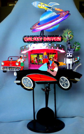 Galaxy Drive In Kinectic Steel Sculpture 1996 36 in w Neon Lighting Sculpture - Frederick Prescott