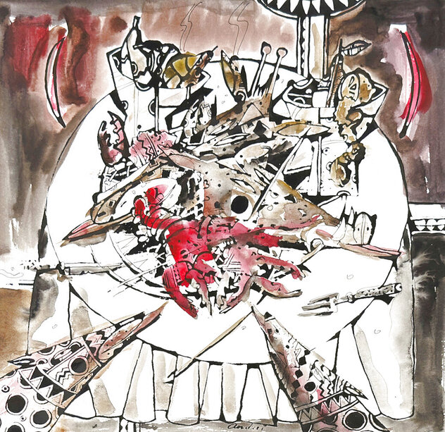 Still Life with Masks 1997 20x20 - Unique Mixed Media over Silkscreen Works on Paper (not prints) by Andrei Protsouk Still Life with Masks 1997 20x20 - Unique Mixed Media over Silkscreen Works on Paper (not prints) by Andrei Protsouk