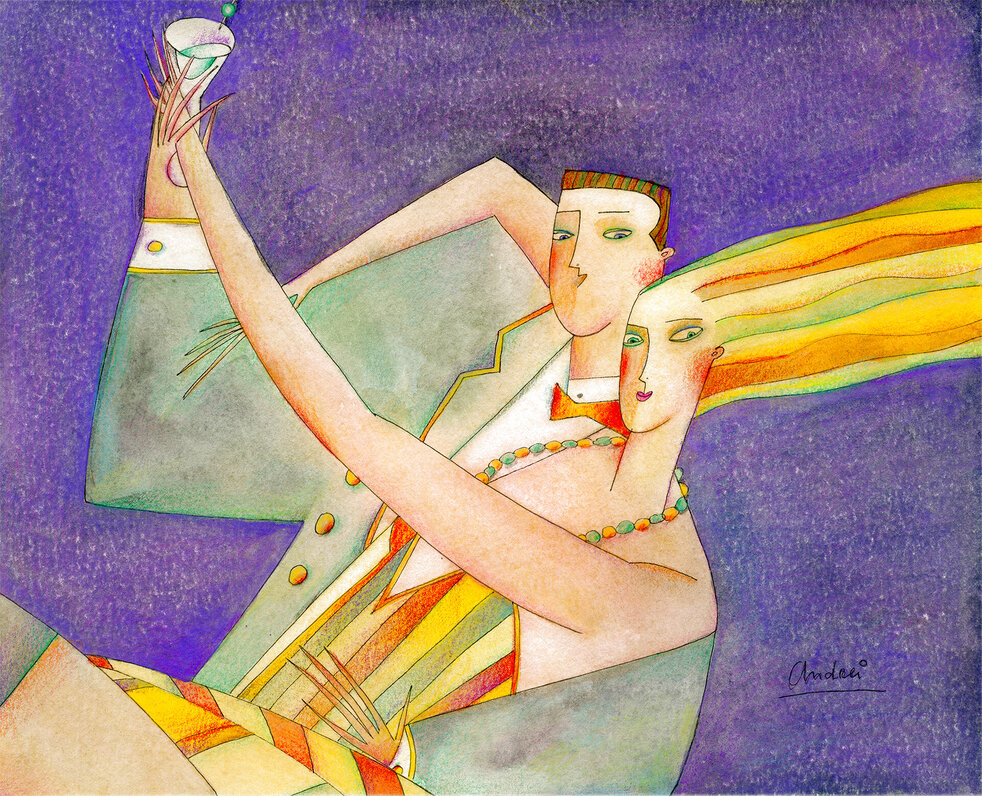 Dancing Cocktail 2008 18x20 - Framed Mixed Media Watercolor by Andrei Protsouk