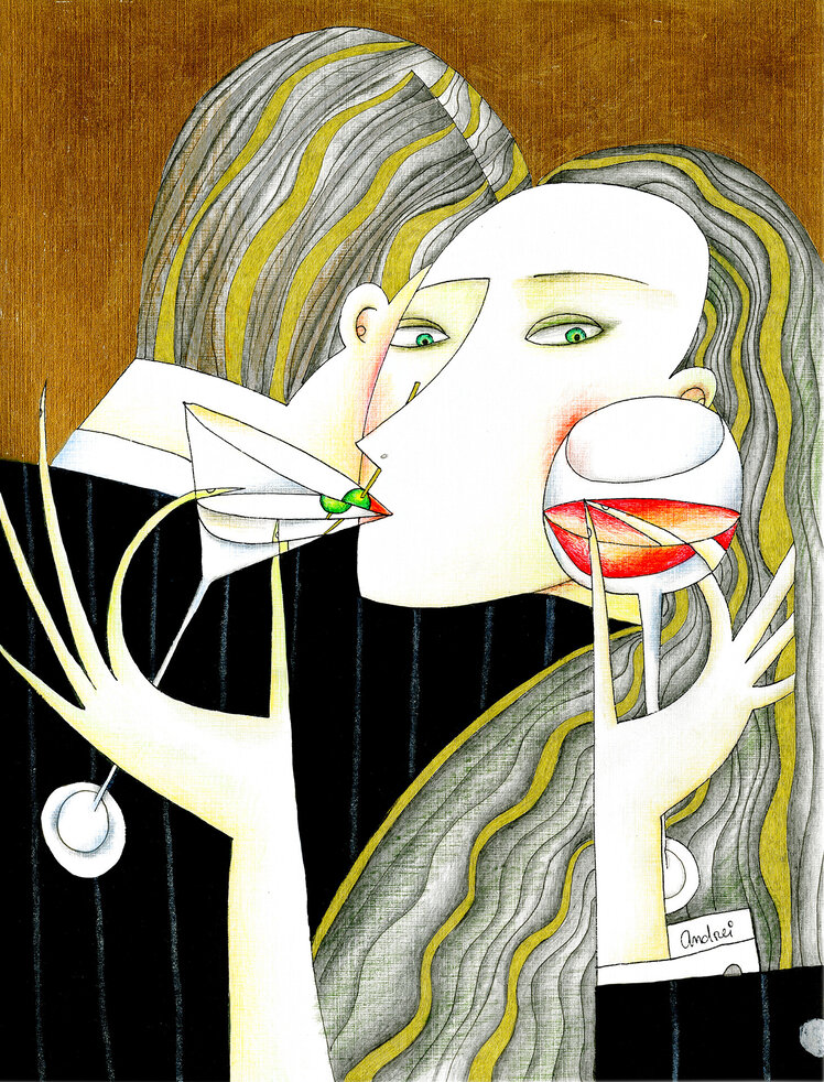 Study for Martini Night 2005 18x20 - Framed Mixed Media by Andrei Protsouk