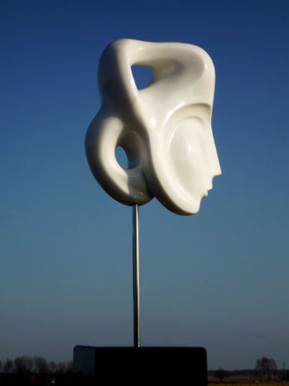 Indian Beauty Unique Marble Sculpture 11 In Plus Base By Anthony Quinn Clay cloud floating with mass of figures on top.