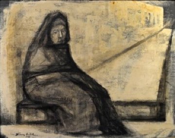 Untitled Sad Women 1965 26x26 Original Painting - Fanny Rabel
