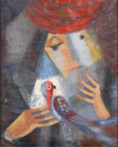 Untitled Lady with Bird 1950 22x18 Original Painting - Viktor Rafael