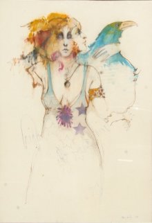 Woman With Bird Watercolor 1973 38x26 Watercolor - Ramon Santiago Woman With Bird Watercolor 1973 38x26 Watercolor - Ramon Santiago