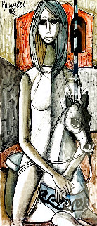 Untitled Portrait of a Woman on the Carousel Watercolor 1968 30x16 Watercolor - Lucio Ranucci